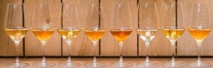 8 wijnglazen op een rij met Orange wine, de ultieme wildwijn