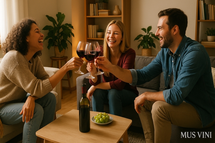 Britten besparen op uitgaan, liever kwaliteit thuis. Drie mensen zitten thuis op de bank samen gezellig een glas wijn te drinken
