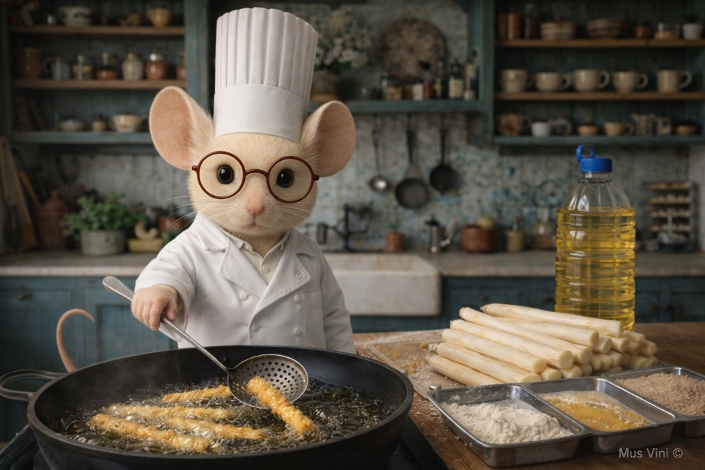Mus Vini staat bij een grote open frituurpan met daarin gepaneerde asperges.