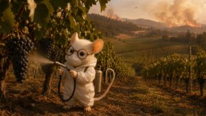 Mus Vini staat in een wijngaard in Oregon en spuit een coating op een tros Pinot Noir om te beschermen tegen rook. Op de achtergrond is een bosbrand te zien en het silhouet van een blusvliegtuig.