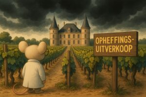 Wijngaard met bord OPHEFFINGSUITVERKOOP. Een Chateau op de achtergrond en erboven donkere wolken: Voorverkoopsysteem wijn Bordeaux failliet