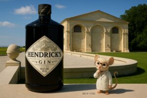 De wijnkelder van Château Mouton Rothschild op de achtergrond, voorop een fles Hendrick's gin en klein op de voorgrond Mus Vini in een vragende houding