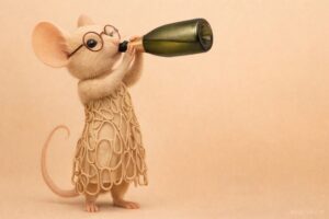 Mus Vini heeft een champagnekleurige jurk aan en drinkt uit een fles Champagne