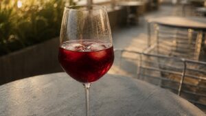 Een glas rode wijn op een tafeltje. Met twee ijsklontjes in de wijn en condens op het glas.