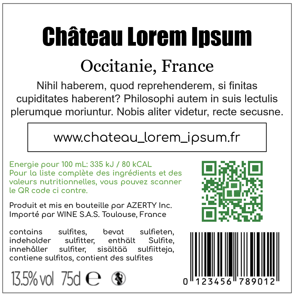 Voorbeeld etiket met qr-code. Hoeveel calorieën in glas wijn?