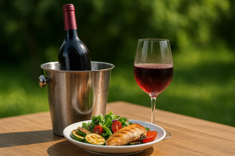 Glas rode wijn, fles in koeler en bord met kip, groenten en salade op een houten tafel in een groene tuinomgeving