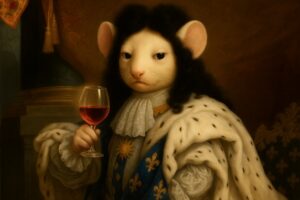 Mus Vini als Lodewijk XIV genietend van een gals Rosé des Riceys