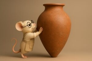Muis Mus Vini houdt een grote urn van aardewerk (qvevri) overeind waar orange wine in zit.