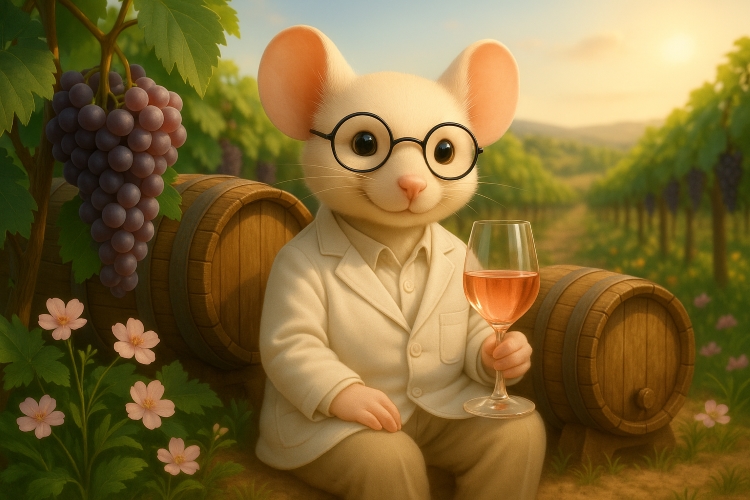 Een muis in een witte jas met bril zit in een wijngaard en houdt een glas rosé vast, omringd door wijnvaten en druiven.