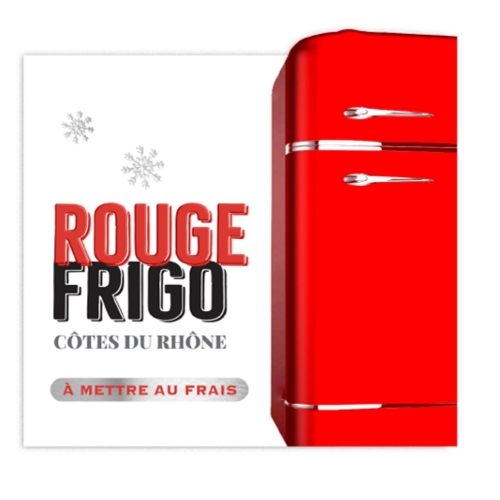 Gekoelde rode wijn: een verfrissende trend. Een koelkast met de tekst: Rouge Frigo Côtes du Rhône