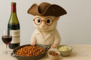 Captains dinner - kapucijners, spek en uien . Mus Vini aan tafel met een schaal bonen voor zich. Op tafel staat een fles Chiroubles en een glas rode wijn
