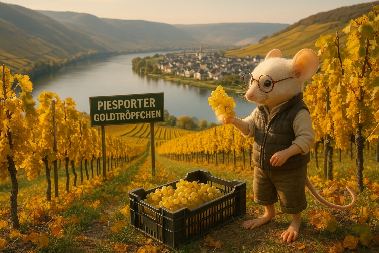Mus Vini staat in de steile wijngaard Piesporter Goldtröpfchen met op de achtergrond de Mosel. In zijn hand heeft hij een pas geoogste tros druiven.