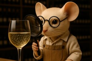 Muis Mus Vini kijkt door een vergrootglas naar microplastics in een glas witte wijn