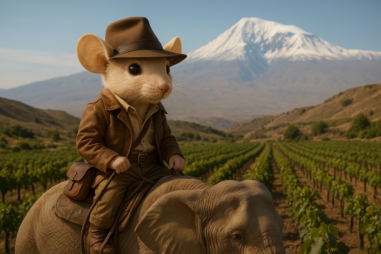 Oorsprong van wijn - Muis Mus Vini als Indiana Jones op een olifant in de wijngaard, met op de achtergrond de berg Ararat