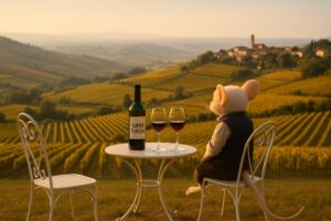 Mus Vini zit in Toscana op een stoeltje te te kijken naar het weidse Toscaanse landschap met wijngaarden. Op zijn tafeltje staat een fles met een Super Tuscan