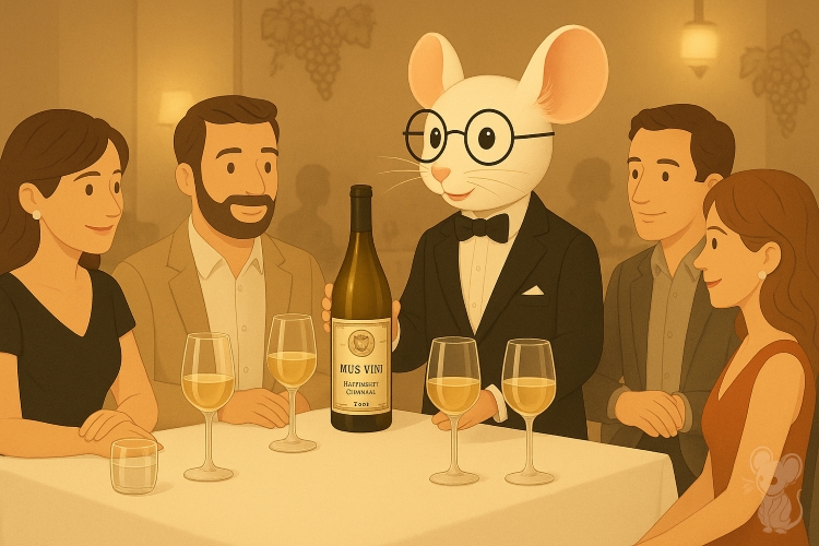 7 slimme vragen aan de sommelier - 4 gasten zitten aan een rechthoekige tafel terwijl de sommelier (Mus Vini) de wijn presenteert.
