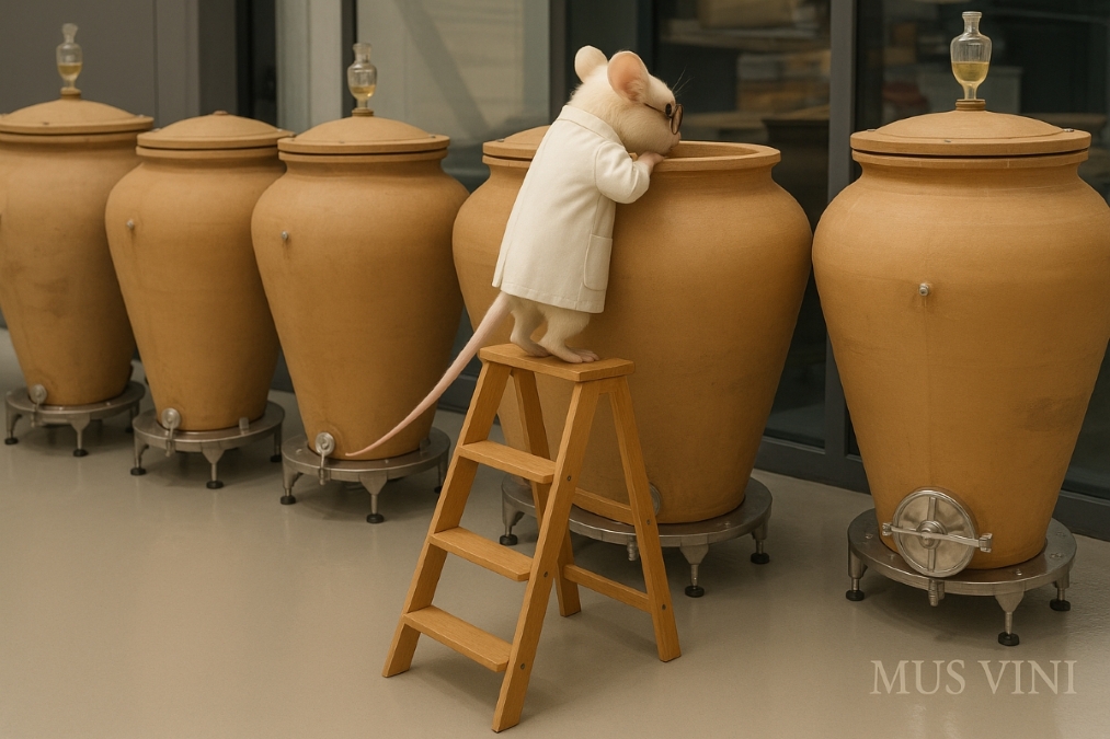 Orange Wine: van niche naar volwassen wijnstijl - vijf amphora, Mus Vini staat op een trapje en kijkt erin.