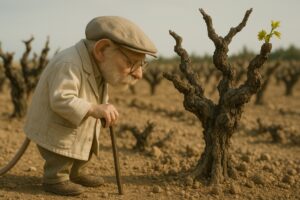 Oude Mus Vini staat onderzoekend te kijken naar een oude wijnstok, een Vieilles Vignes