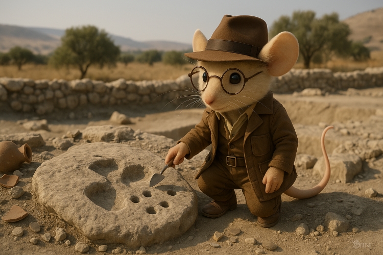 Mus Vini als archeoloog bij een in rotsen uitgehouwen wijnpers in Tel Megiddo