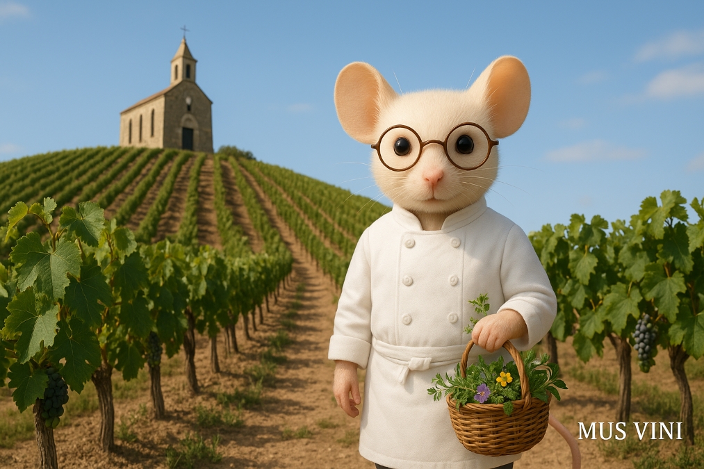 Fleurie - Cru van de Beaujolais. Mus Vini staat in de wijngaard, met bovenop de heuvel de kapel van La Madone