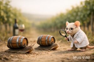 Wijngaardslakken met een wijnvat op de rug. Mus Vini staat erbij met een vergrootglas , op zoek naar gisten.