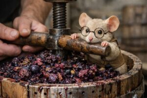 Mus Vini helpt de wijnboer bij het persen van de druiven. Schilcontact in wijn: aroma, kleur en tannine in balans.