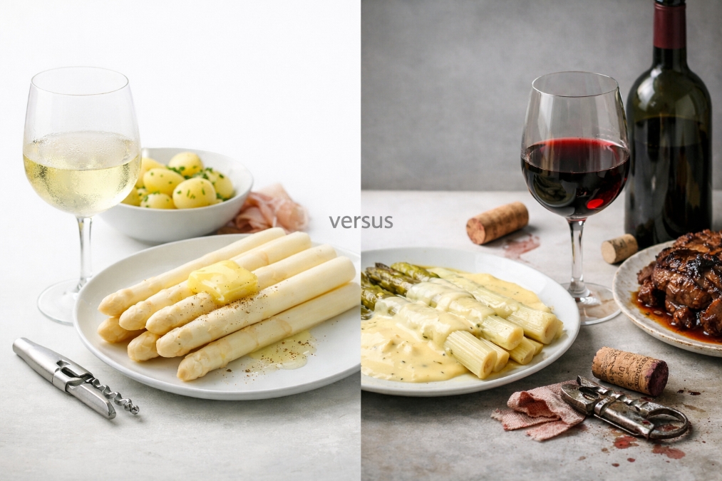 Links een bord witte asperges met een glas witte wijn. Rechts een bord groene asperges met rood vlees en een glas rode wijn.