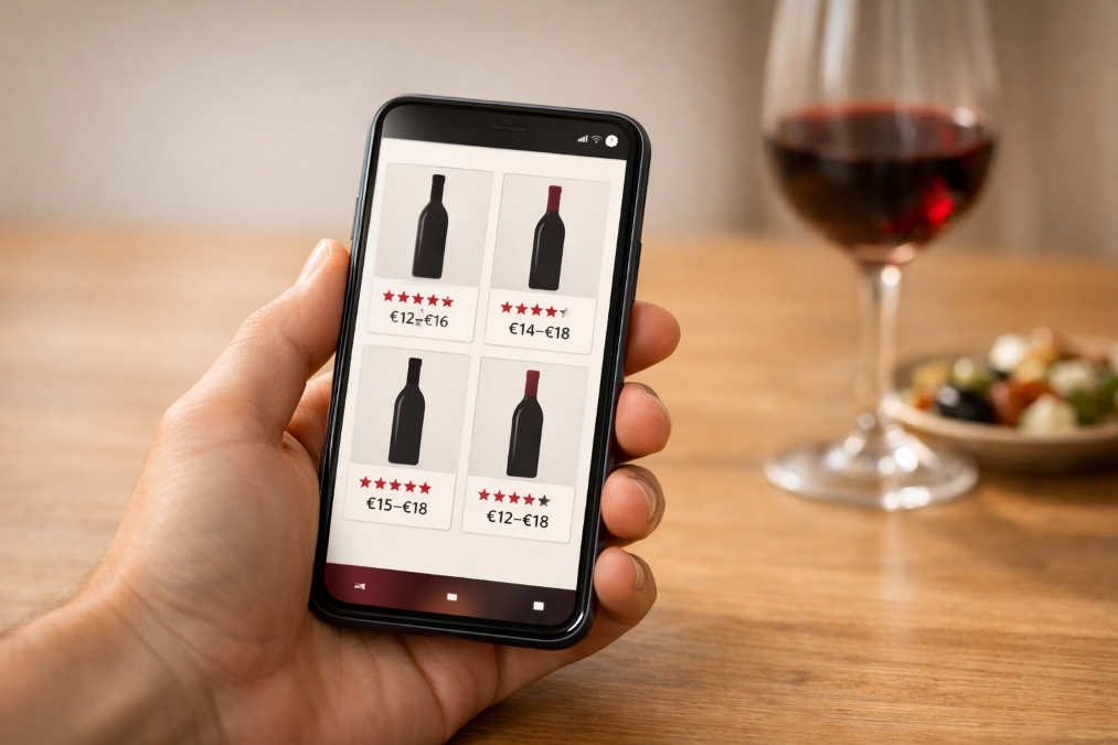 Trends & analyses - Hoe wijn verandert en wat dat met ons doet. Met smartphone in de hand een wijn selecteren.