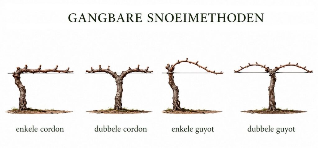 Gangbare snoeimethoden: enkele en dubbele cordon en enkele en dubbele guyot. Vier afbeeldingen.