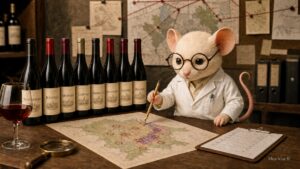 Mus Vini achter ziijjn bureau zoekt naar de Beste Beaujolais-wijnwinkel 2026 in Nederland