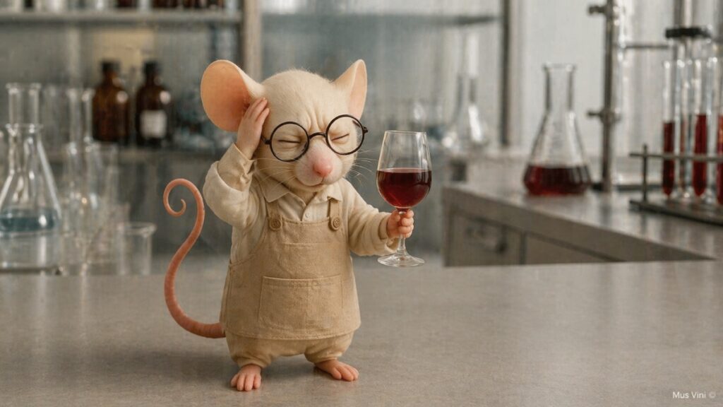 Rode wijn hoofdpijn? Quercetine is de nieuwe verdachte. Mus Vini in een laboratorium. Hij heeft hoodpijn en een glas rode wijn i zijn hand.