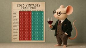 Wijnjarentabel 2025 - Mus Vini staat met een glas rode wijn in zijn hand bij de wijnjarentabel French Wines