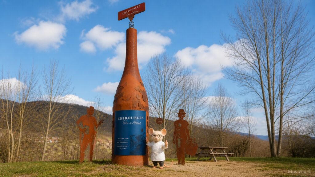 Chiroubles - Terroire d'Altitude. De Chirouboam, een grote fles bij de 'entree' van de appellatie