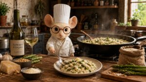 Recept Risotto met groene asperges, pijnboompitten en Parmezaan. Mus Vini staat achter het aanrechtblok.