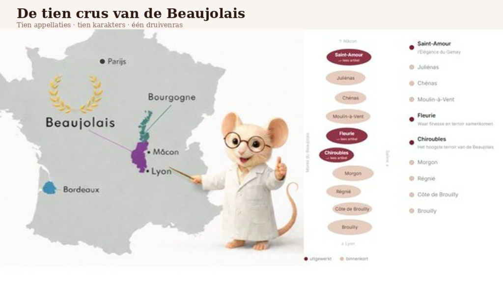 Tien Crus vn de Beaujolais. Mus Vini wijst op een kaart van Frankrijk de regio aan.