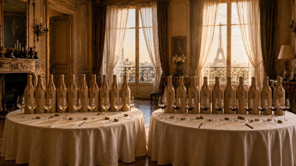 1976 Judgment of Paris – 2 keer 10 flessen in een klassieke kamer met op de achtergrond door het raam de Eiffeltoren.