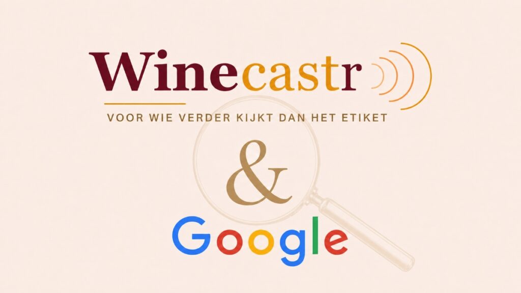 Logo Winecastr en Google met een vergrootglas. Dit gaat over de vindbaarheid van Winecastr