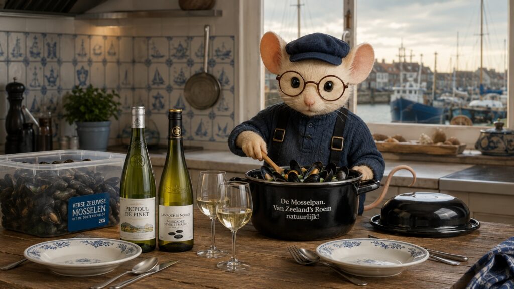 Mus Vini in de keuken mosselen aan het koken. Op tafel staan twee witte wijnen. Een Picpoul de Pinet en een Muscadet de Sèvre et Maine. Door het keukenraam zie je de visserhaven.