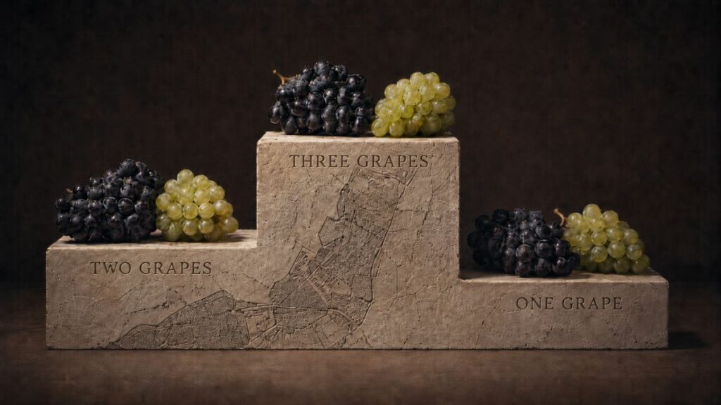 Podium van kalksteen met de Michelin Grapes voor plaats een, twee en drie. En het silhouet van de wijngaarden van de Bourgogne.