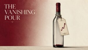 Het Franse wijnwonder: boekhoudkundige truc werkt niet meer. Een bijna lege fles rode wijn met een prijslabel waarop stijgende prijzen zijn te zien. En de achtergrondkleur gaat van rood naar wit.