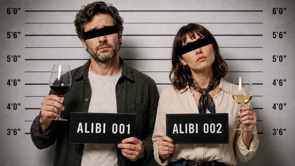 De consument als alibi. Links een man met een glas rode wijn in zijn hand. De vrouw (rechts) heeft een glas witte wijn vast. Beide hebben een balkje over de ogen. Het is een mugshot.