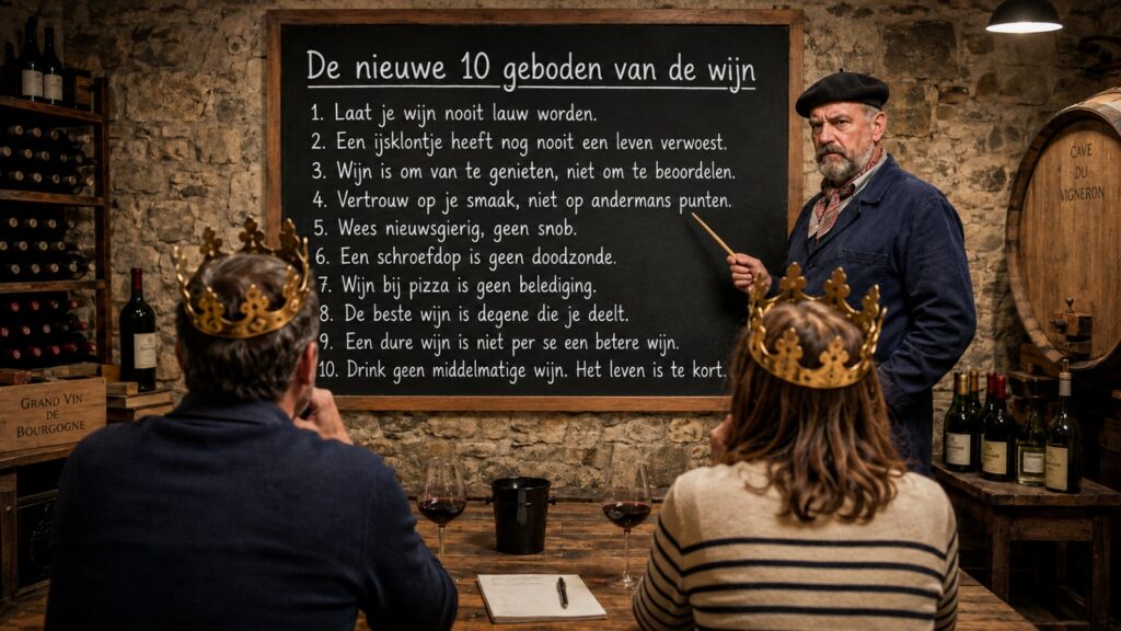 Twee consumenten met kroontje op zitten in een wijnkelder te kijken naar een strenge wijnboer die ze die nieuwe 10 geboden van de wijn uitlegt.