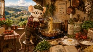 Mus Vini staat te koken in een Italiaanse keuken. Door het raam zie je de heuvels en de bossen. Hij doet linguine in een koekenpan met spekjes en champignons. Mus is gekleed als houthakker.