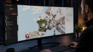 Programmeur zit achter het beeldscherm met daarop groot de Open Wine Map-kaart van Europa.