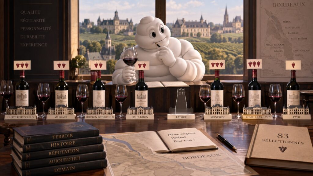 Michelinmannetje beoordeelt Bordeaux-wijnen aan een lange proeftafel; boven de flessen hangen druivenwaarderingen, terwijl Château Latour als opvallende lege plek ontbreekt.