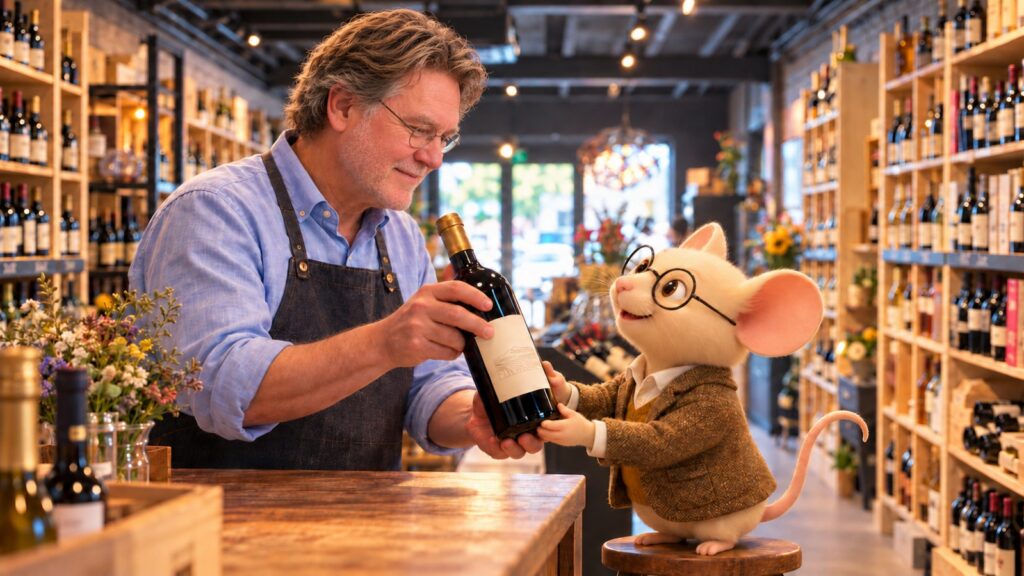 Reinier Broeks overhandigt in een wijnwinkel Mus Vini een fles wijn. Die kwam terug voor de tweede fles, omdat de eerste goed was bevallen.