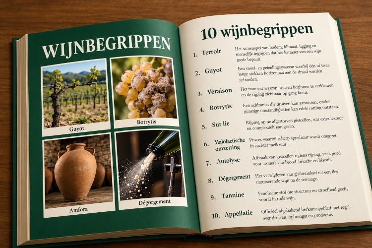 Open boek met de titel ‘Wijnbegrippen’, met afbeeldingen van Guyot-snoei, botrytis, een amfora en dégorgement en daarnaast tien wijnbegrippen met uitleg.
